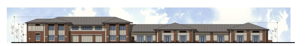 Eden Garden Retail Complex — front elevation showing brick, cream stucco, and charcoal metal roofing