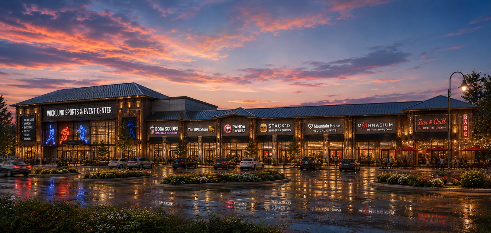 Eden Garden Retail Complex — evening rendering of the multi-tenant retail building at Wicklund Crossing